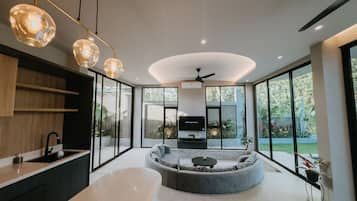 Family Villa, Balcony | Private kitchen | Full-sized fridge, microwave, coffee/tea maker, cookware/dishes/utensils