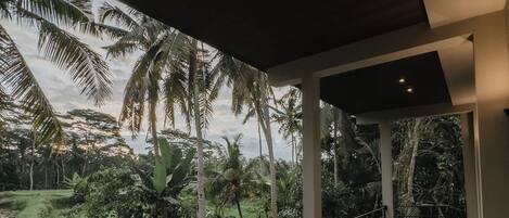 Un balcone con vista su un rigoglioso giardino e palme.