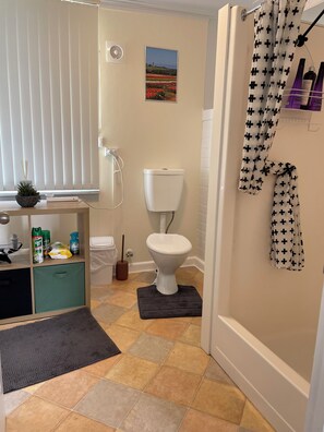 Shower, hair dryer, towels, soap