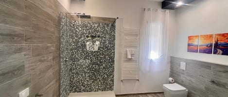 Shower, hair dryer, bidet, towels