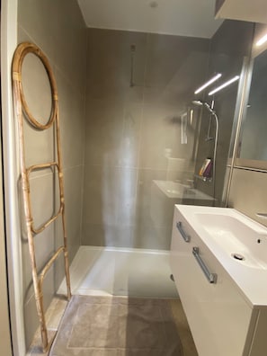 Hair dryer, towels, soap, toilet paper