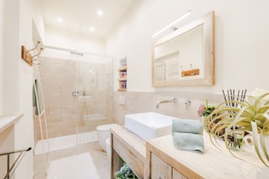 Shower, hair dryer, bidet, towels