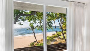 Una ventana con vista a la playa, palmeras y el océano.