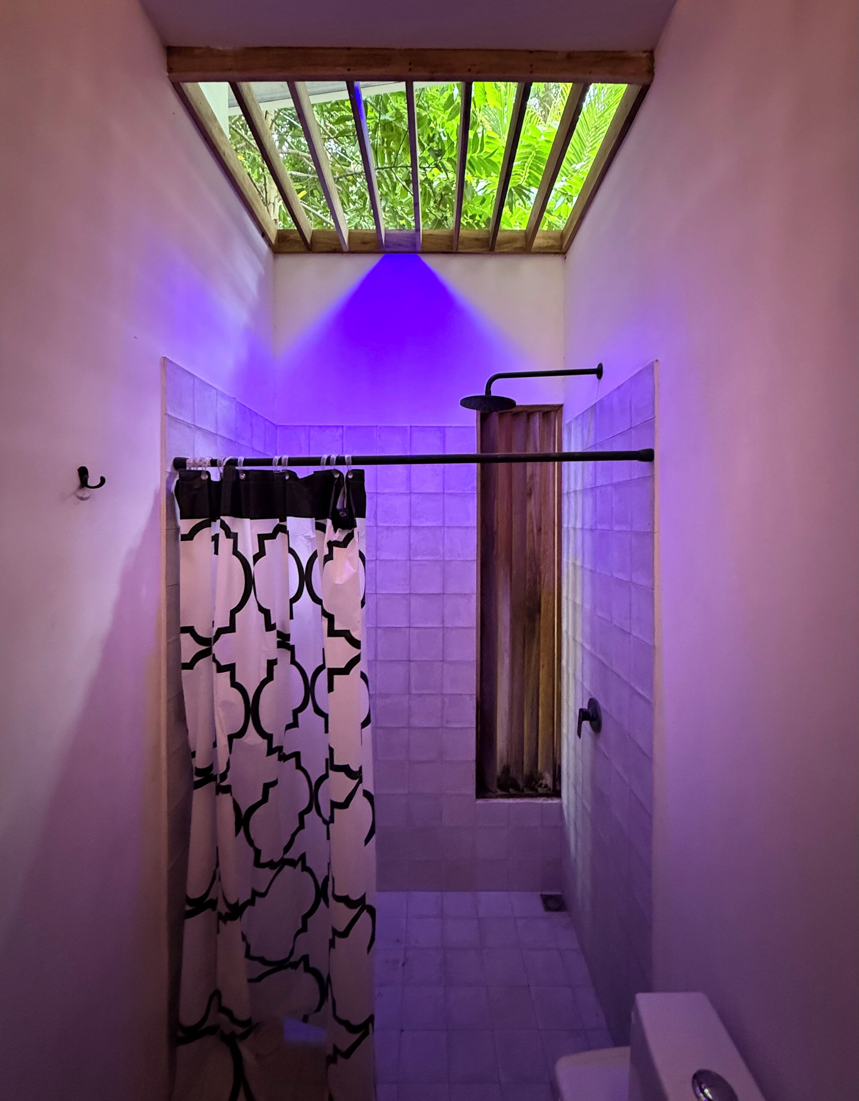 Ein kleines Badezimmer mit Dusche, Toilette und einem Fenster mit Blick ins Grüne.