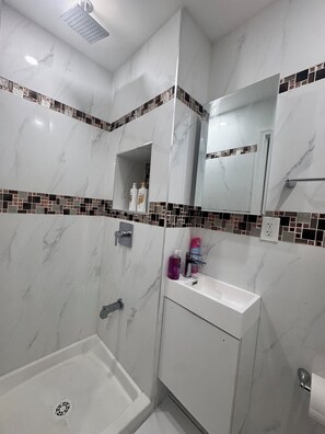 Hair dryer, towels, soap, toilet paper
