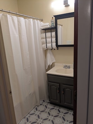 Hair dryer, towels, soap, toilet paper
