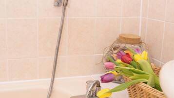 Hair dryer, towels, soap, toilet paper