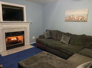 Smart TV, fireplace, foosball