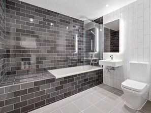 Hair dryer, towels, soap, toilet paper