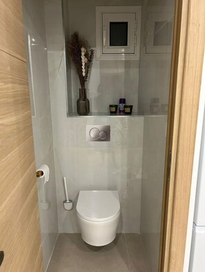 Chuveiro, secador de cabelo, toalhas de banho, sabonete