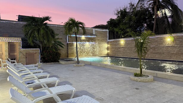 Un espace piscine avec des chaises longues, un élément décoratif aquatique et un mur en briques.