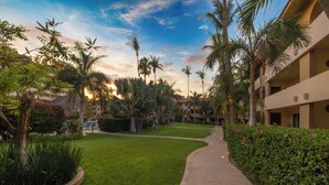 A well-maintained courtyard with a curved pathway, surrounded by lush greenery and palm trees, leading to a building with multiple balconies.