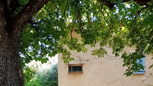 An outdoor seating area with a table and chairs, surrounded by trees and a building in the background. - 2-bedroom Provencal country house with mezzanine, garden and swimming pool (SIGONCE)