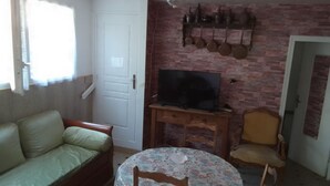 Un salon comprenant un canapé, une table ronde avec des chaises, un téléviseur posé sur un meuble, et un mur en briques orné de pots suspendus.