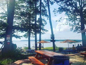 A lakeside picnic area with wooden benches and picnic tables, surrounded by tall trees and overlooking a calm body of water.