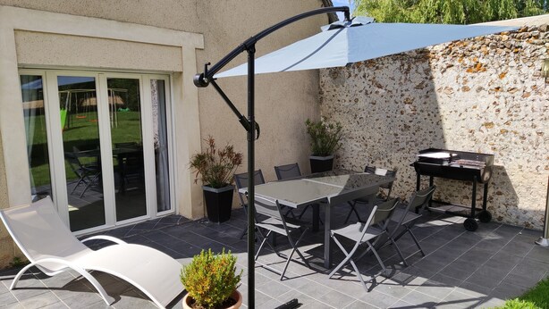 Une terrasse extérieure avec une table et des chaises, un barbecue et une plante en pot.