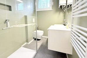 A bathroom with a glass shower enclosure, a toilet, a sink with a mirror, and a radiator.