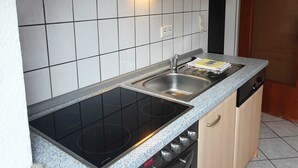A compact kitchen with a black induction cooktop, a stainless steel sink, and a built-in oven. - Winterberg Apartment Near Slopes (Winterberg)