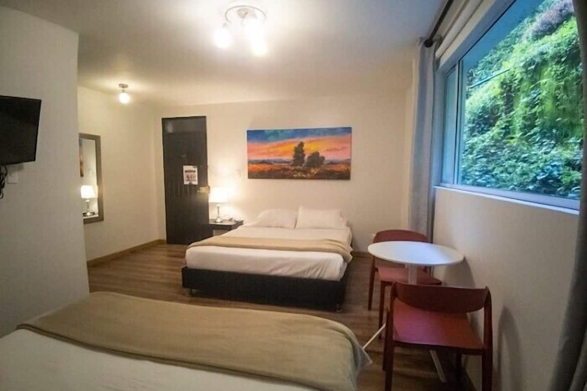 Habitación de hotel con cama, escritorio y silla. Hay un cuadro en la pared y una ventana con vistas a árboles.