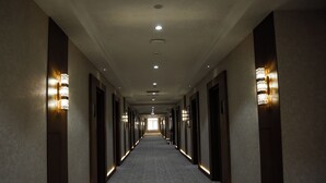 A long, narrow hotel corridor with carpeted floors and walls lined with doors, illuminated by wall-mounted lights. - Green Village Hotel and Spa  (Samaxi)
