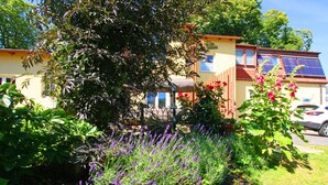 Un bâtiment jaune doté d’une terrasse en bois, entouré d’une végétation luxuriante et de fleurs violettes.