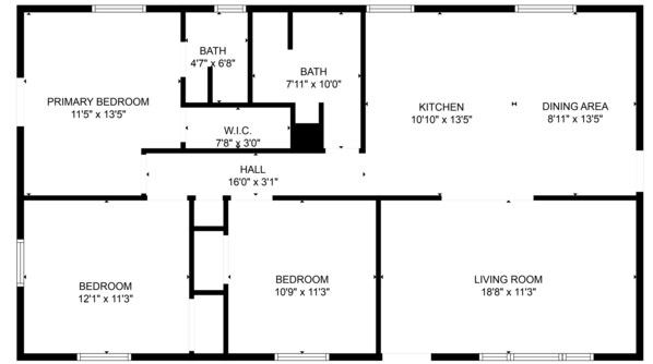 A floor plan with a primary bedroom, two bathrooms, a kitchen, a dining area, a hall, a bedroom, and a living room. -  3 bedroom 2 bath home located minutes from Keowee Mariana, shopping and Clemson (Seneca)