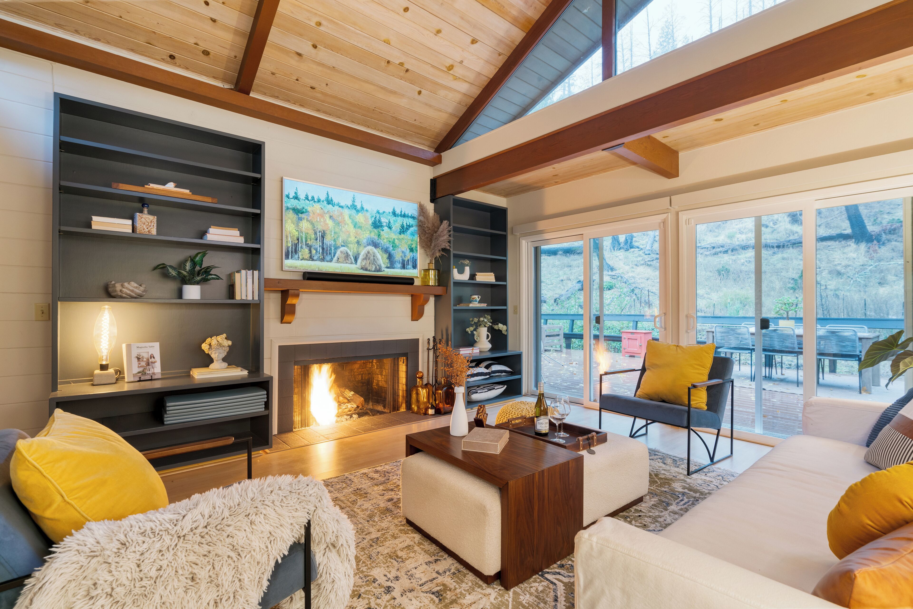 Fernseher, Kamin, Stereoanlage