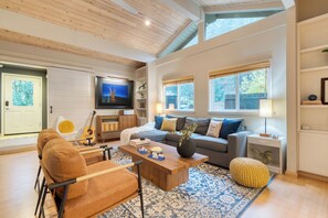 Télévision, cheminée, chaîne hi-fi