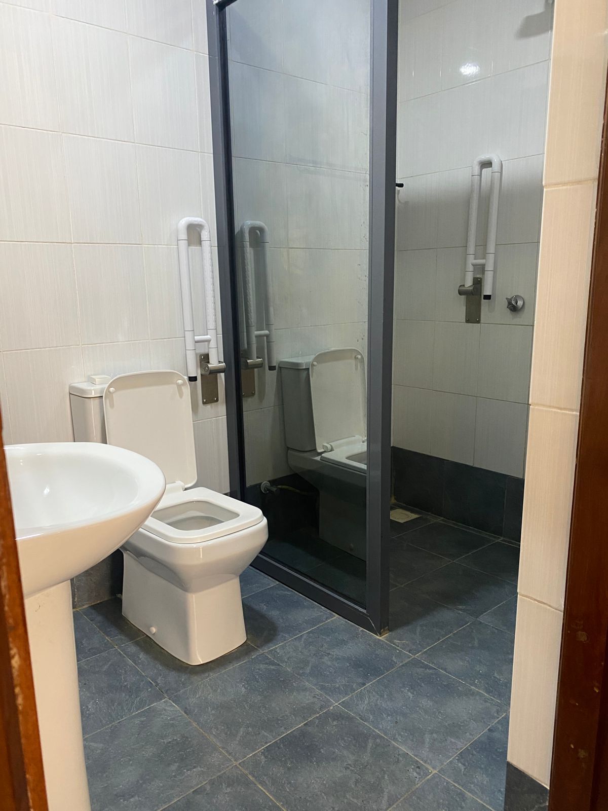 Ein Badezimmer mit Toilette, Bidet und einer Duschkabine aus Glas.