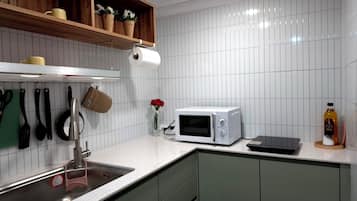 Fridge, microwave, stovetop, espresso maker