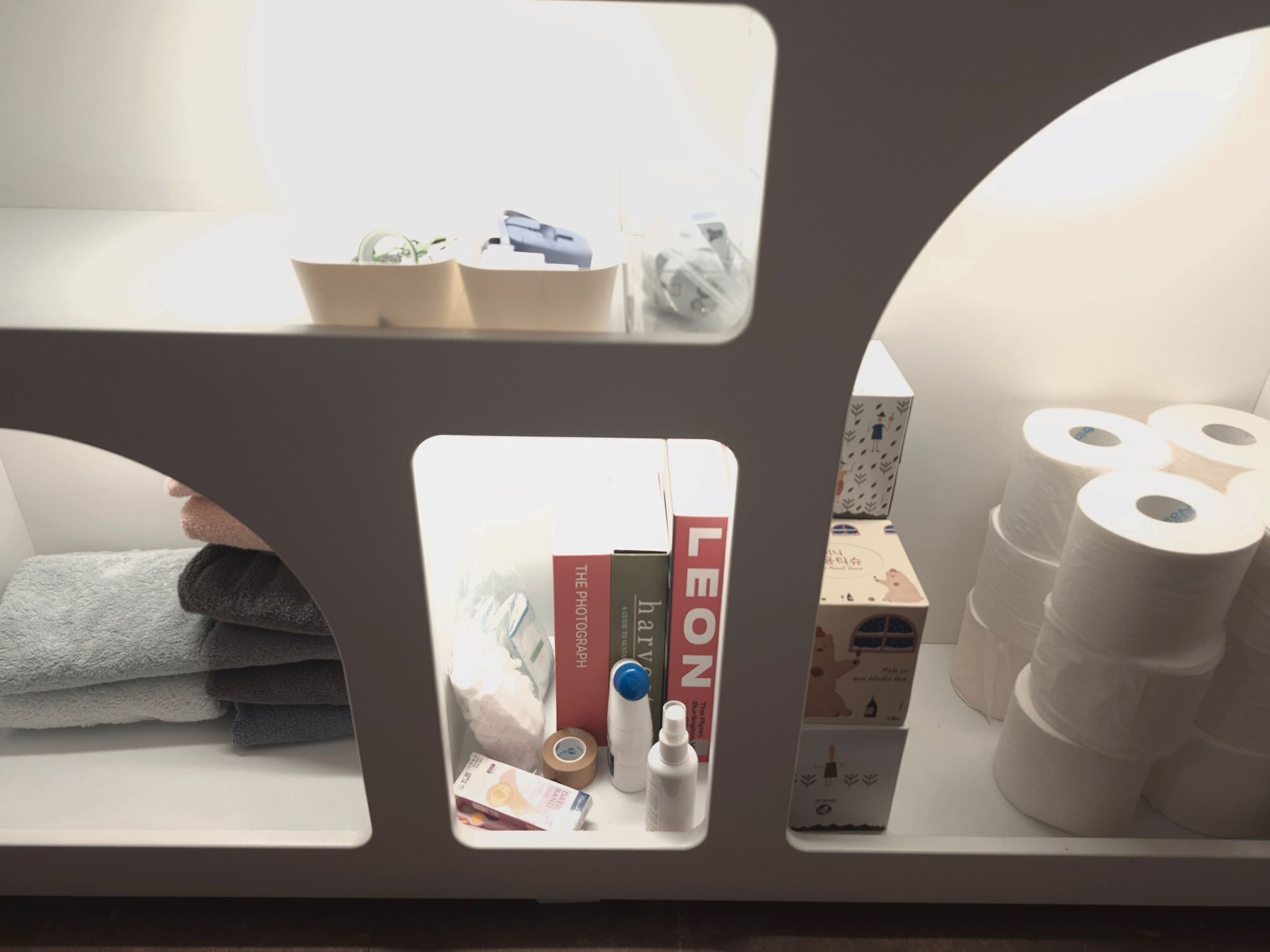 A shelf with books, a tissue box, and a bottle.