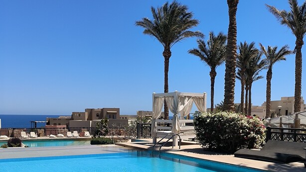 Una piscina azul cristalina con sillas de descanso y palmeras, rodeada de edificios con vista al mar.
