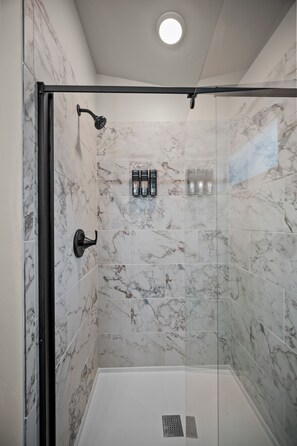 Hair dryer, towels, soap, toilet paper