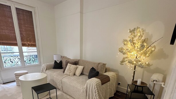 A modern living room with a sofa, a round coffee table, a small black side table, a white rug, and a decorative tree light. - Cosy near the Eiffel Tower (Paris)