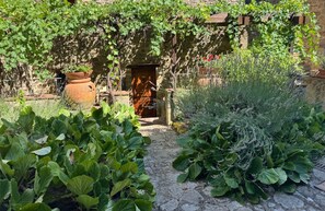 Eine Steinsäule mit einer Holztür, ein großer Terrakottatopf und üppiges Grün in einem Garten.