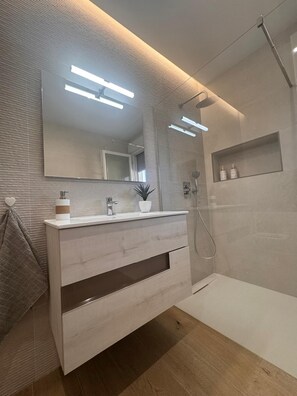 Shower, hair dryer, towels, soap
