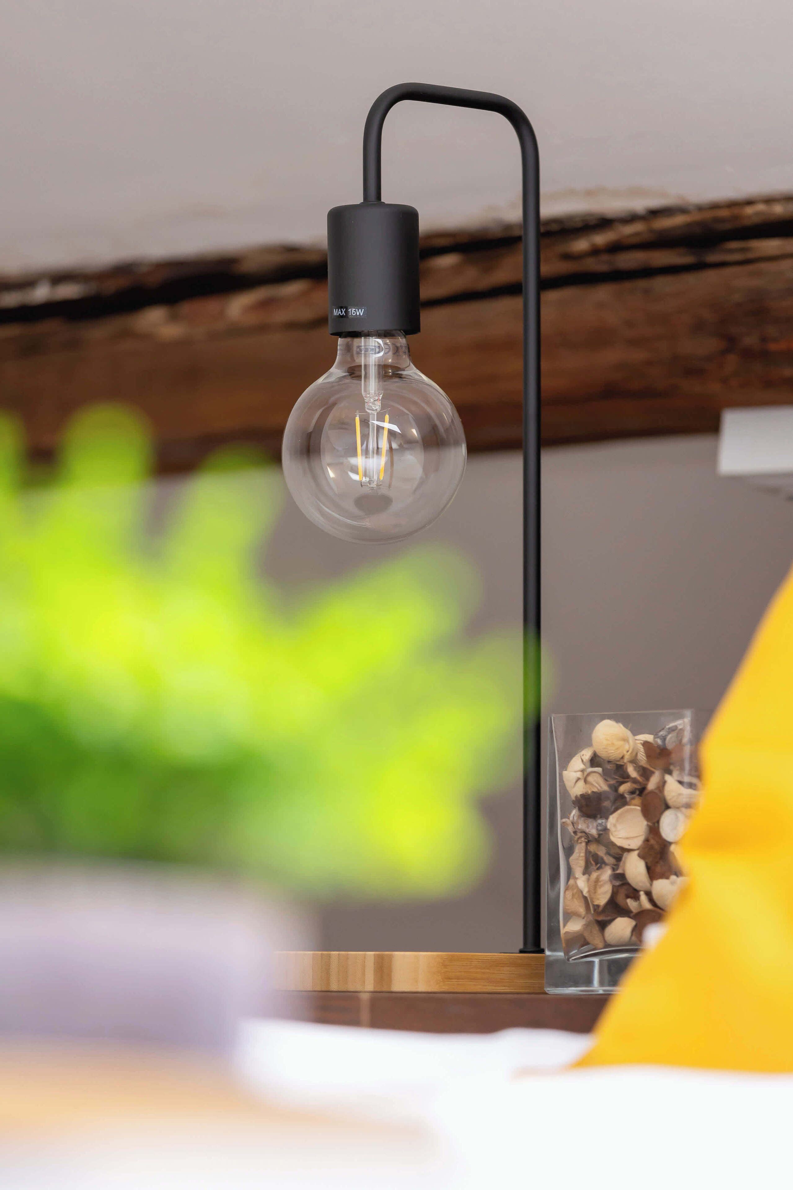 A clear glass bulb hanging from a black metal stand with a label indicating a maximum of 120V.