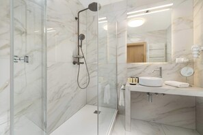 Shower, hair dryer, towels