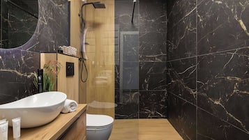 Shower, hair dryer, towels, shampoo