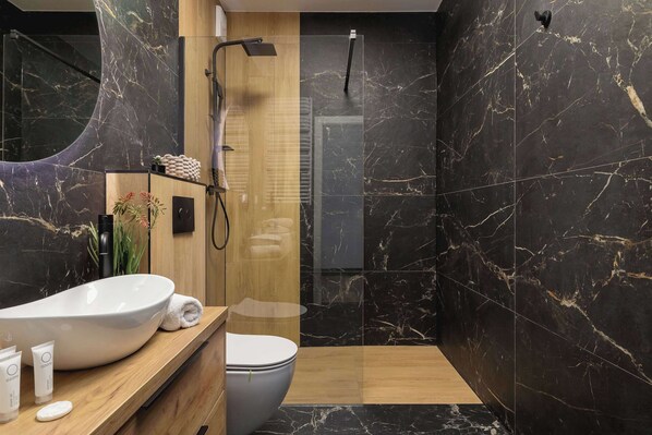 Shower, hair dryer, towels, shampoo