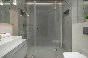 Shower, hair dryer, towels, shampoo