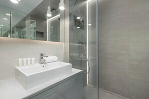 Shower, hair dryer, towels, shampoo