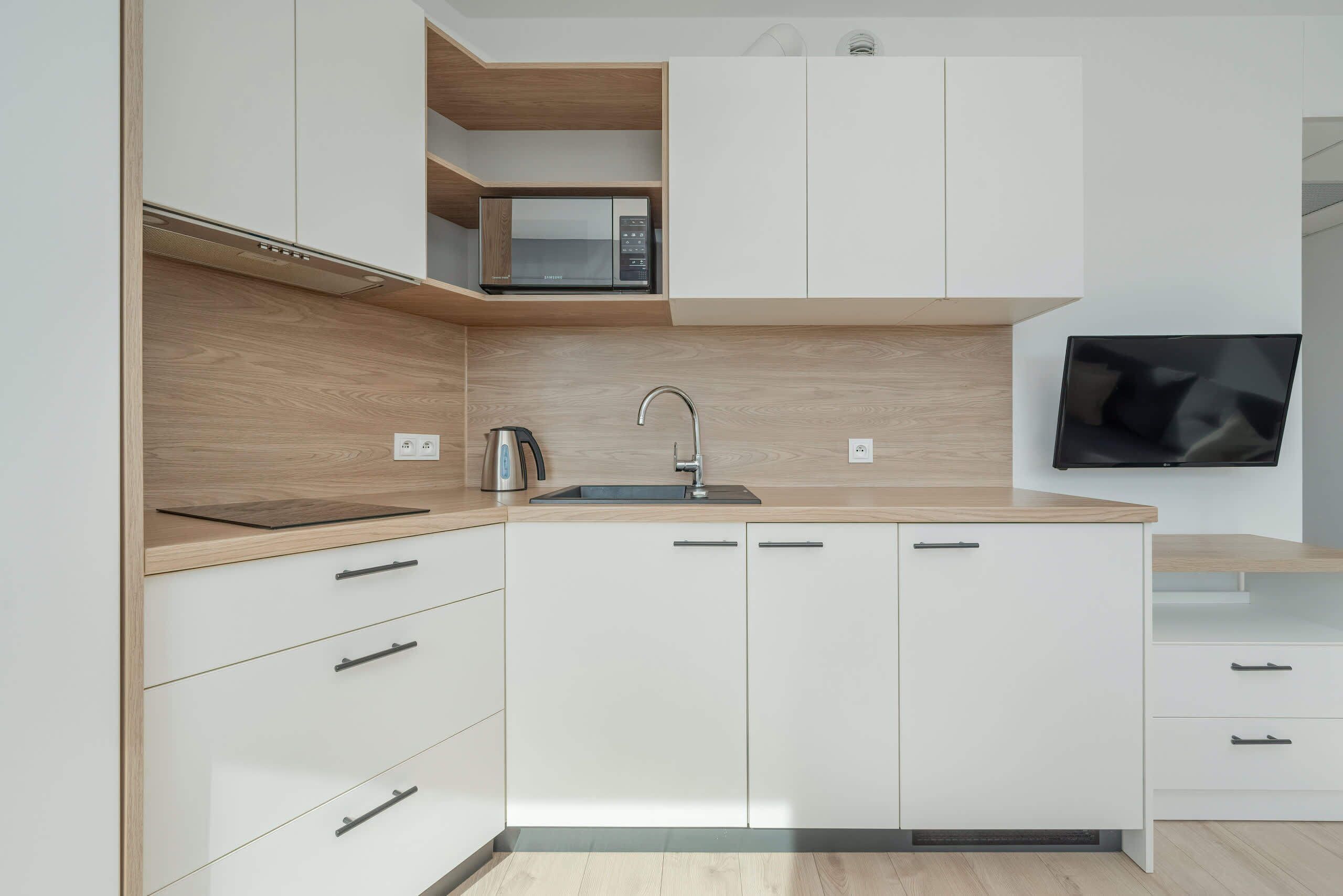 Fridge, microwave, stovetop, electric kettle