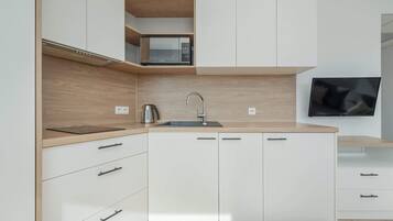 Fridge, microwave, stovetop, electric kettle