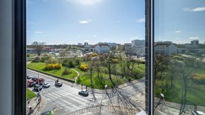 A view through a window of a cityscape with buildings, roads, and greenery.