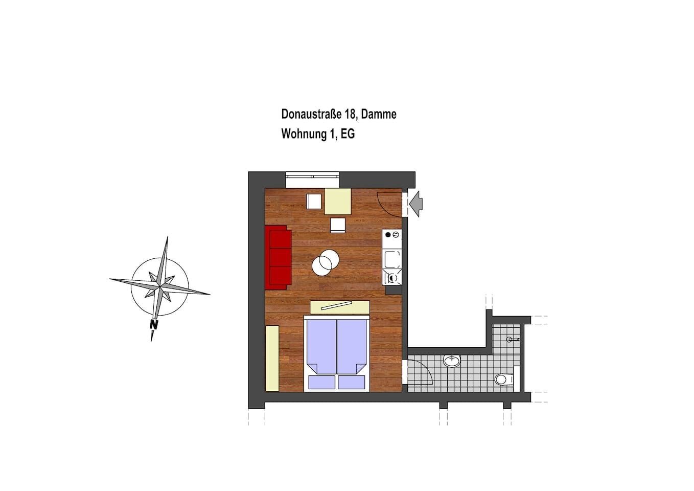 A floor plan of a room with a bed, a red sofa, a small table, a washing machine, and a tiled area.