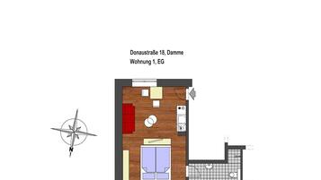 A floor plan of a room with a bed, a red sofa, a small table, a washing machine, and a tiled area.
