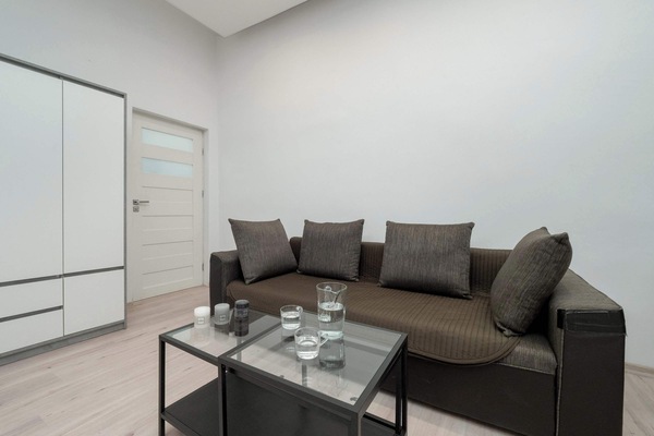 A bright living room featuring a gray sofa, a modern glass coffee table, and light wood flooring.