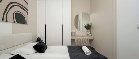 1 bedroom, desk, iron/ironing board, travel cot