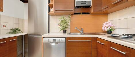 Een koelkast, een oven, een kookplaat, een vaatwasser